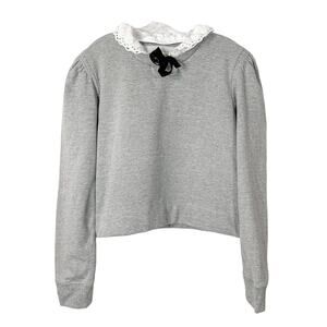 Manoush Womens Eyelet Collar Bow Long Sleeve Cropped Sweatshirt Gray Size Medium